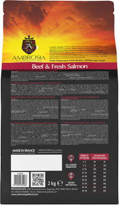 Ambrosia Beef & Fresh Salmon Adult All Breeds 12kg Trockenfutter ohne Getreide für erwachsene Hunde mit Kalb und Lachs