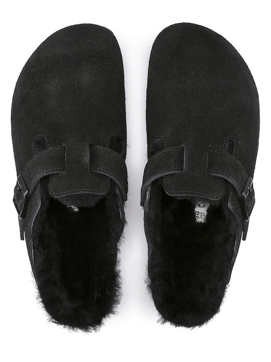 Boston Shearling Χειμερινές Ανδρικές Παντόφλες με Γούνα Μαύρες