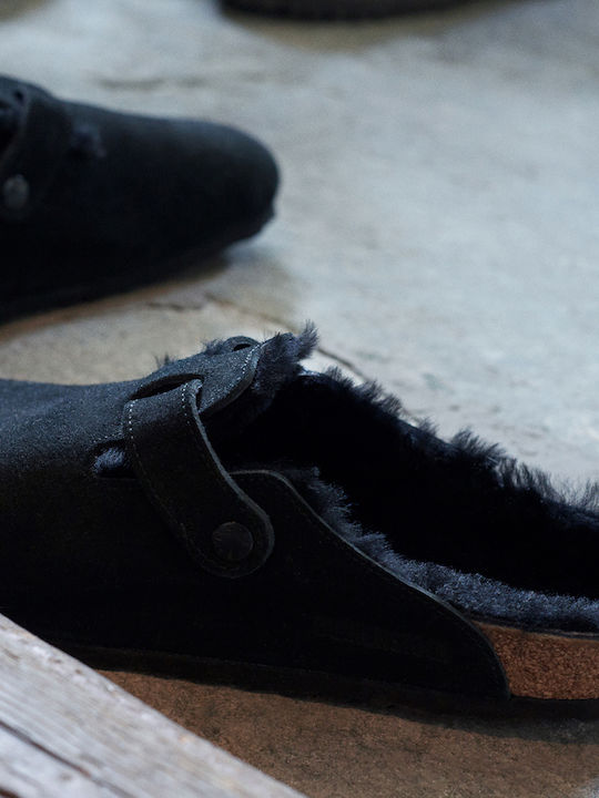 Boston Shearling Χειμερινές Ανδρικές Παντόφλες με Γούνα Μαύρες
