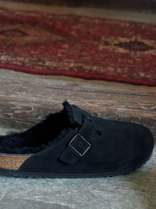 Boston Shearling Χειμερινές Ανδρικές Παντόφλες με Γούνα Μαύρες
