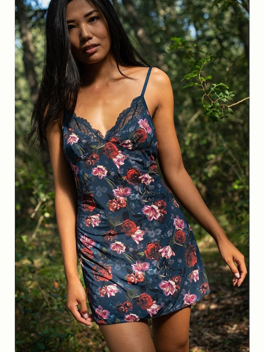 Dorina Sommer Satin,σατεν Damen Nachthemd Marineblau Mystic