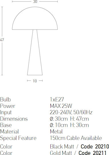 Zambelis Lights Metal Table Lamp for Socket E27 with Black Shade and Base