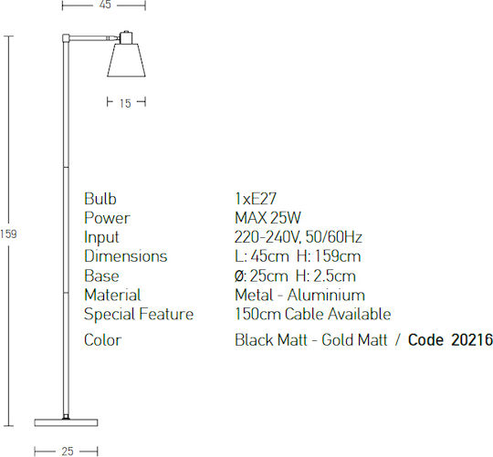 Zambelis Lights Vintage Φωτιστικό Δαπέδου Υ159xΜ25εκ. με Ντουί για Λαμπτήρα E27 Μαύρο