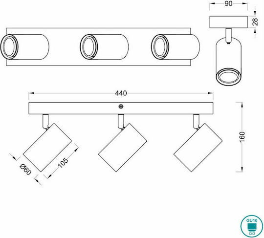 Trio Lighting Marley Τριπλό Σποτ με Ντουί GU10 σε Μαύρο Χρώμα