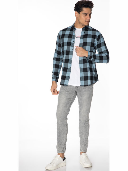 Long-sleeved Denim Shirt Checked Faded Denim