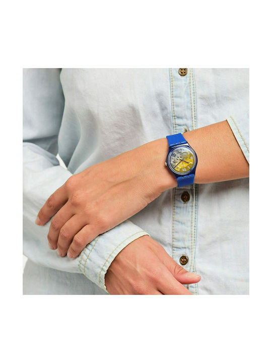 Swatch Yellow Disco Fever Watch with Blue Rubber Strap