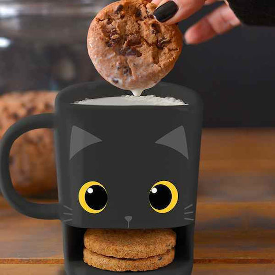 Total Gift Cat Biscuit Чаша, Керамична, Черна, 250 ml