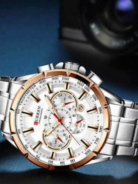 Curren Ανδρικό Ρολόι 45mm Χρονογράφος Μπαταρίας με Ασημί Μεταλλικό Μπρασελέ