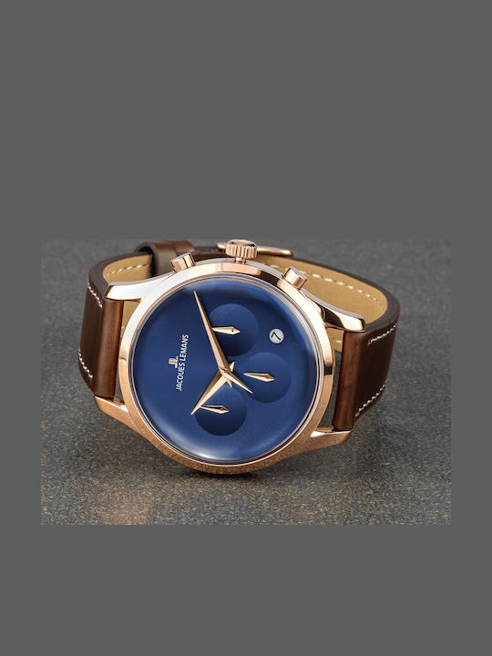Jacques Lemans Retro Classic Ανδρικό Ρολόι 38mm Μπαταρίας με Καφέ Δερμάτινο Λουράκι