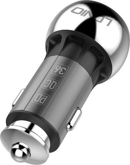 Ldnio C1 PD Dual USB 36W and Lightning Car Charger 36W Fast Charging with 2 USB Ports along with Lightning Cable Grey Colour