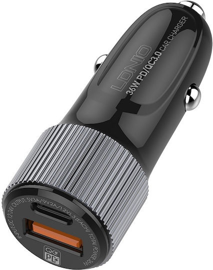 Ldnio C510QT Handy-Autoladegerät 38W 1.5A Schnellladen mit Anschlüssen: 1xUSB 1xType-C zusammen mit Kabeltyp Type-C Farbe Schwarz