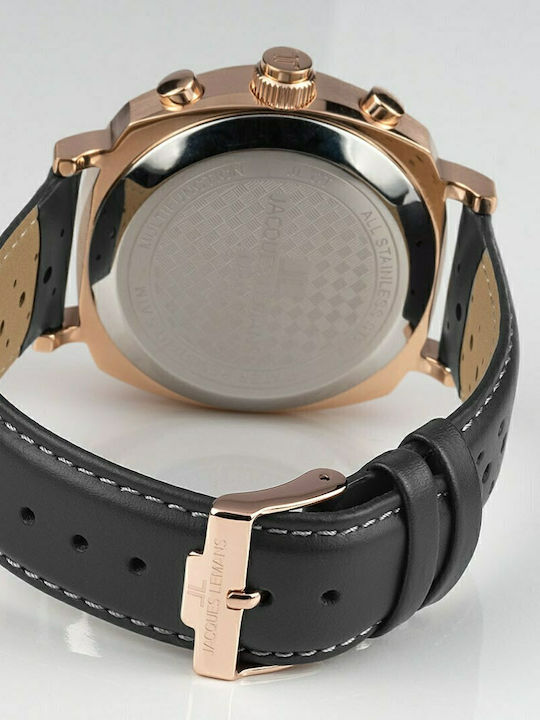 Jacques Lemans Lugano Ψηφιακό Ανδρικό Ρολόι 44mm Χρονογράφος Μπαταρίας με Μαύρο Δερμάτινο Λουράκι