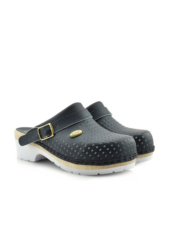 Scholl Super Comfort Leather Anatomic Clogs Blue