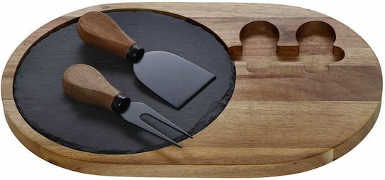 Cryspo Trio Wooden Cheese Serving Platter with Knife & Fork 31x20cm 3pcs