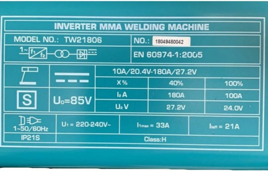 Total TW21806 Schweißmaschine Wechselrichter MMA mit maximalem Schweißstrom 180A und Einschaltdauer 40%