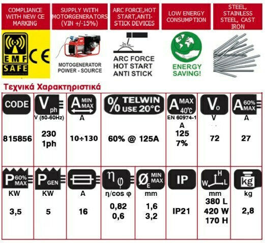 Telwin Force 145 Ηλεκτροκόλληση Inverter MMA με Μέγιστο Ρεύμα Συγκόλλησης 130A και Κύκλο Εργασίας 7%