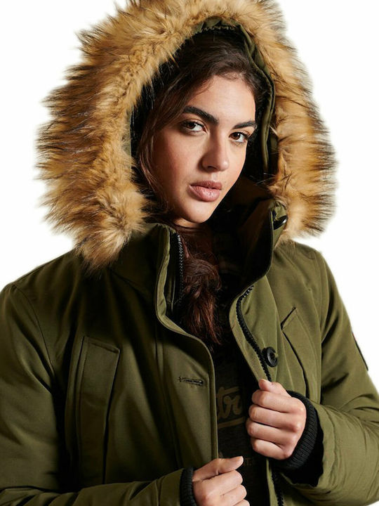 Everest Lang Damen Parka Jacke mit pelziger Kapuze für Winter Khaki