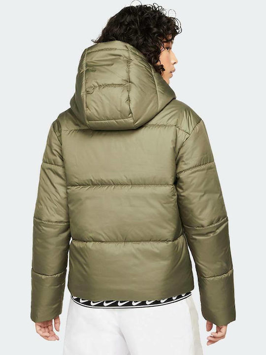 Sportswear Women's Short Puffer Jacket for Winter with Hood Khaki