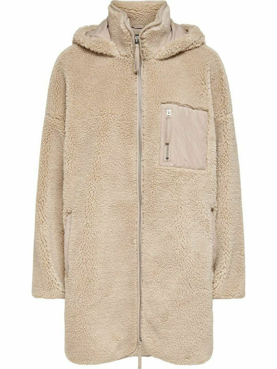 Sherpa Women's Beige Coat Oversized Teddy with Hood & Fur Details