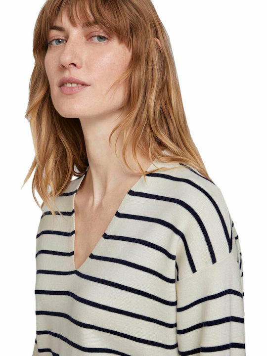 Damen Bluse Langärmelig mit V-Ausschnitt Gestreift Marineblau