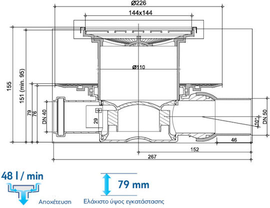 Karag Ανοξείδωτο Κανάλι Δαπέδου με Μέγεθος 14.4x14.4εκ. Ασημί