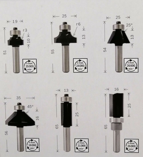 Bosch Set of Router Bits Cutter Set Carbide for Edge Shaping in Wood 6mm 6pcs