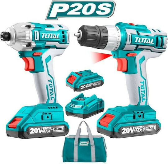 Total Set Drill Driver & Impact Screwdriver 20V with 2 Batteries 2Ah and Case