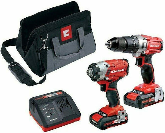 Einhell Set TE-CD 18/2 Li + TE-CI 18/1 Li Schlagbohrschrauber & Schlagschraubendreher 18V mit 2 Batterien 2Ah und Hülle