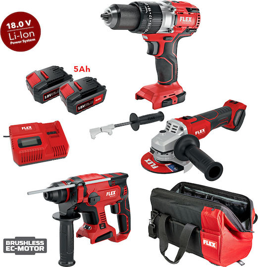 Flex 46696 Σετ Γωνιακός Τροχός, Κρουστικό Δραπανοκατσάβιδο & Πιστολέτο 18V με 2 Μπαταρίες 5Ah και Θήκη