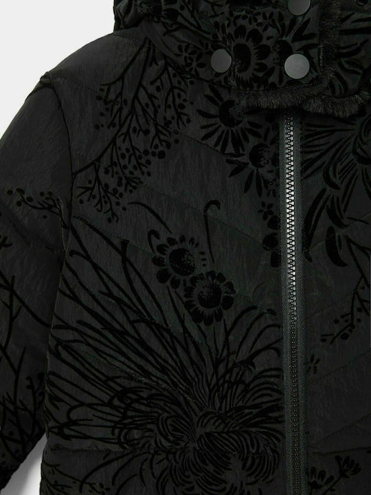 Kids' Casual Jacket Short with Lining & Hood Black Flowers
