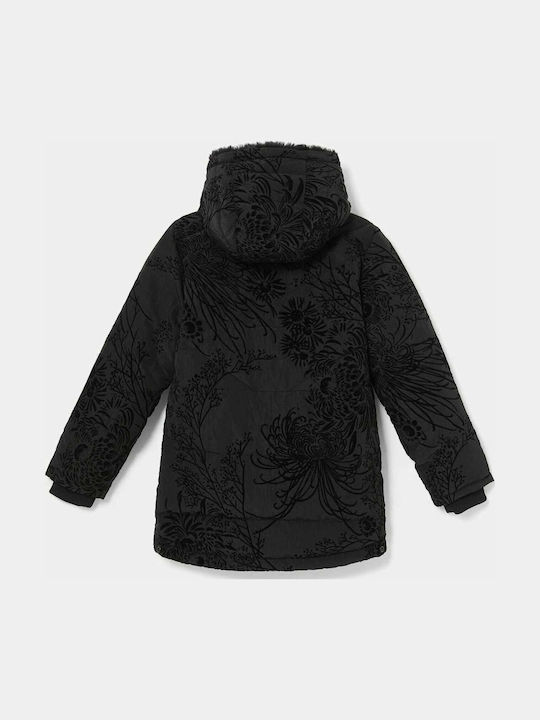Kids' Casual Jacket Short with Lining & Hood Black Flowers