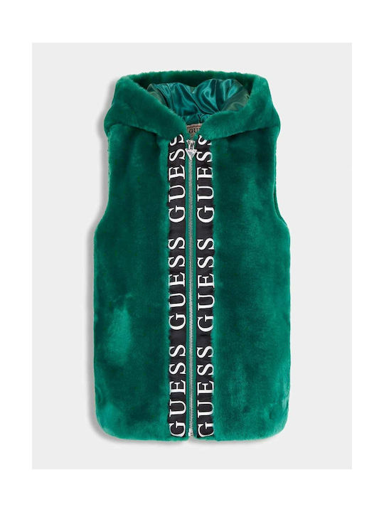 Guess Kids Fur Sleeveless Long Hooded Green