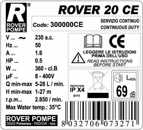 Rover Pompe BE-M 20 CE Single Phase Transfer Pump with 3/4" Inlet and 0.5hp Horsepower