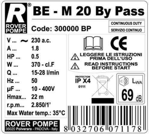 Rover Pompe BE-M 20 ByPass Einphasen-Transferpumpe mit Düse 3/4" und Leistung 0.5hp