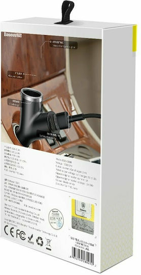 Baseus Φορτιστής Αυτοκινήτου 3.4A με Θύρες: 2xUSB 1xΑναπτήρα Μαύρο Χρώμα