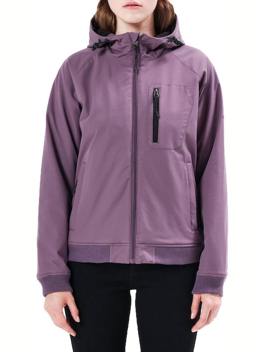 Women's Short Sports Softshell Jacket Waterproof and Windproof for Winter with Hood Purple