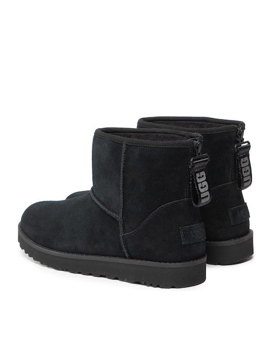 Classic Mini Logo Suede Women's Ankle Boots with Fur Black