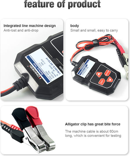 Konnwei KW208 Ψηφιακό Battery Tester με Κροκοδειλάκια 12V
