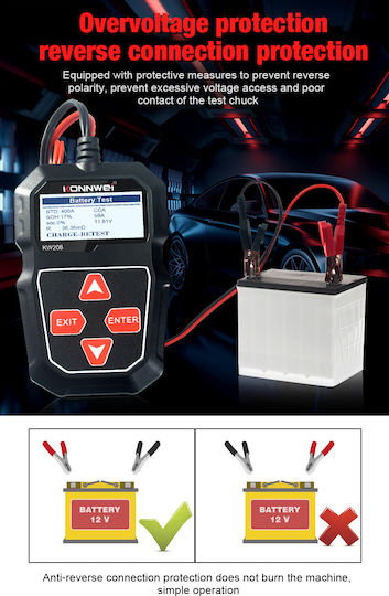 Konnwei KW208 Ψηφιακό Battery Tester με Κροκοδειλάκια 12V