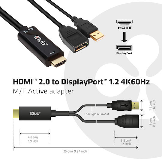 Club3D HDMI to DisplayPort 4K60Hz M/F Active Adapter Μετατροπέας HDMI male σε DisplayPort / USB-A female 1τμχ
