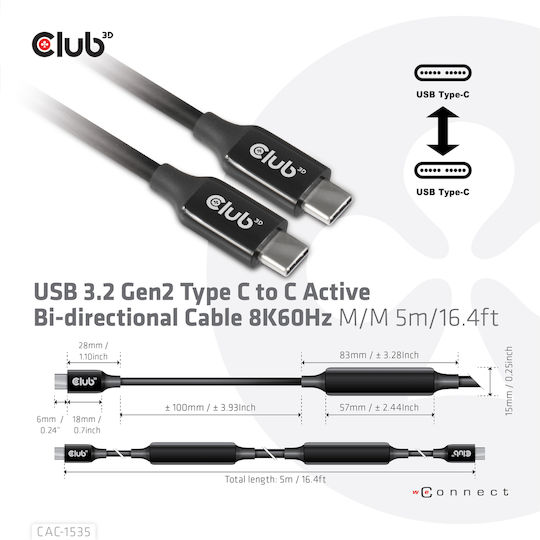 Club3D USB 3.2 Video Cable USB-C male - USB-C 60W PD Μαύρο 5m CAC-1535
