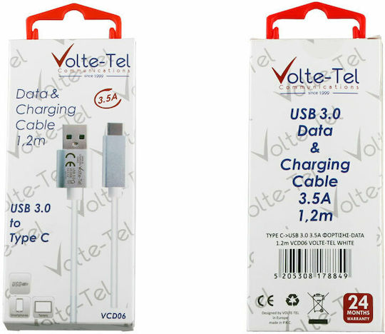 Volte-Tel USB 3.0 Cable USB-C Male - USB-A White 1.2m