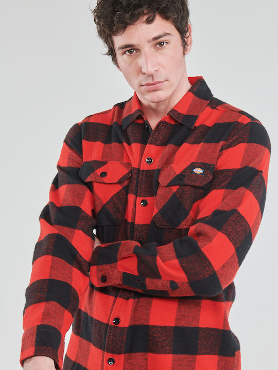 Sacramento Long Sleeve Flannel Overshirt Narrow Fit Checked Red