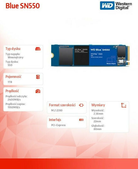 Western Digital Blue SN550 NVMe SSD 1TB τύπου M.2 με σύνδεση PCI Express 3.0 WDS100T2B0C
