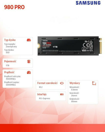 Samsung 980 PRO w/ Heatsink SSD 1TB τύπου M.2 με σύνδεση PCI Express 4.0 και Ψύκτρα (PS5 Compatible) MZ-V8P1T0CW