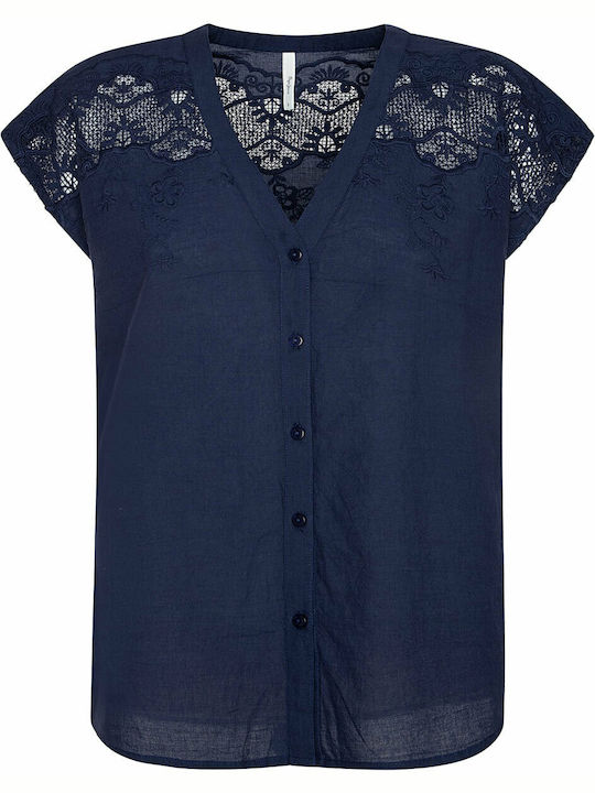 Nicola Women's Summer Blouse Short Sleeve with V Neckline Floral Blue