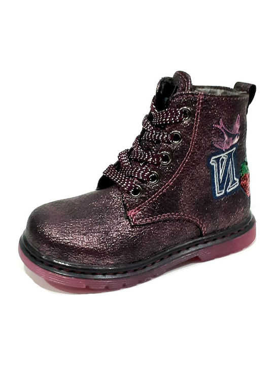 Leather Kids Boots with Laces Purple