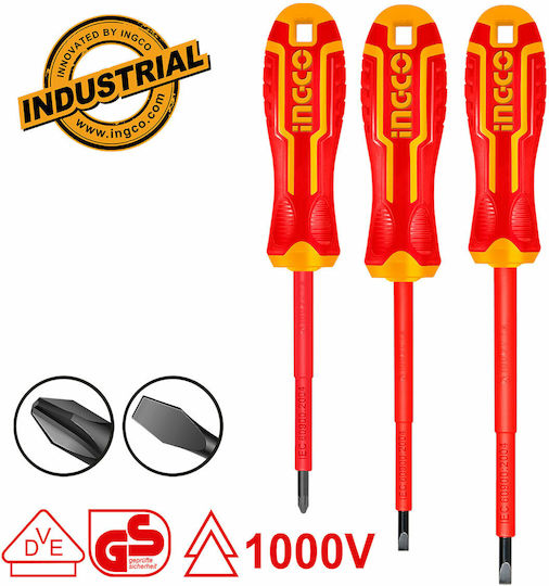 Ingco Set 3 Magnetic Electrician VDE 1000V Screwdrivers with 3 Interchangeable Tips