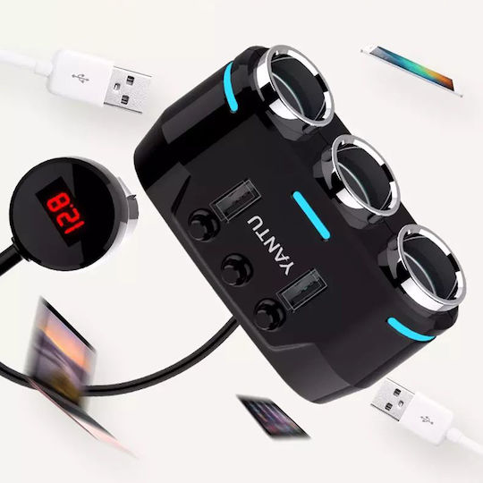 Yantu B39 - Type C Auto-Ladegerät 100W mit Anschlüssen: 2xUSB 3xZigarettenanzünder mit Kabel Eingebettet und Voltmeter Schwarz Farbe