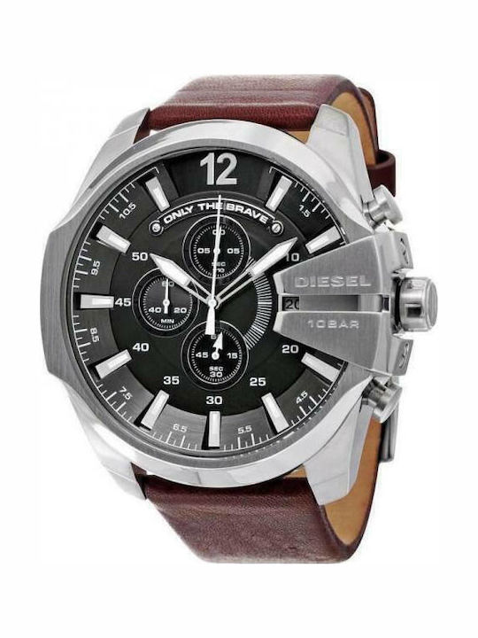 Diesel Mega Chief Herrenuhr 51mm Chronograph Batterie mit Braun Lederarmband